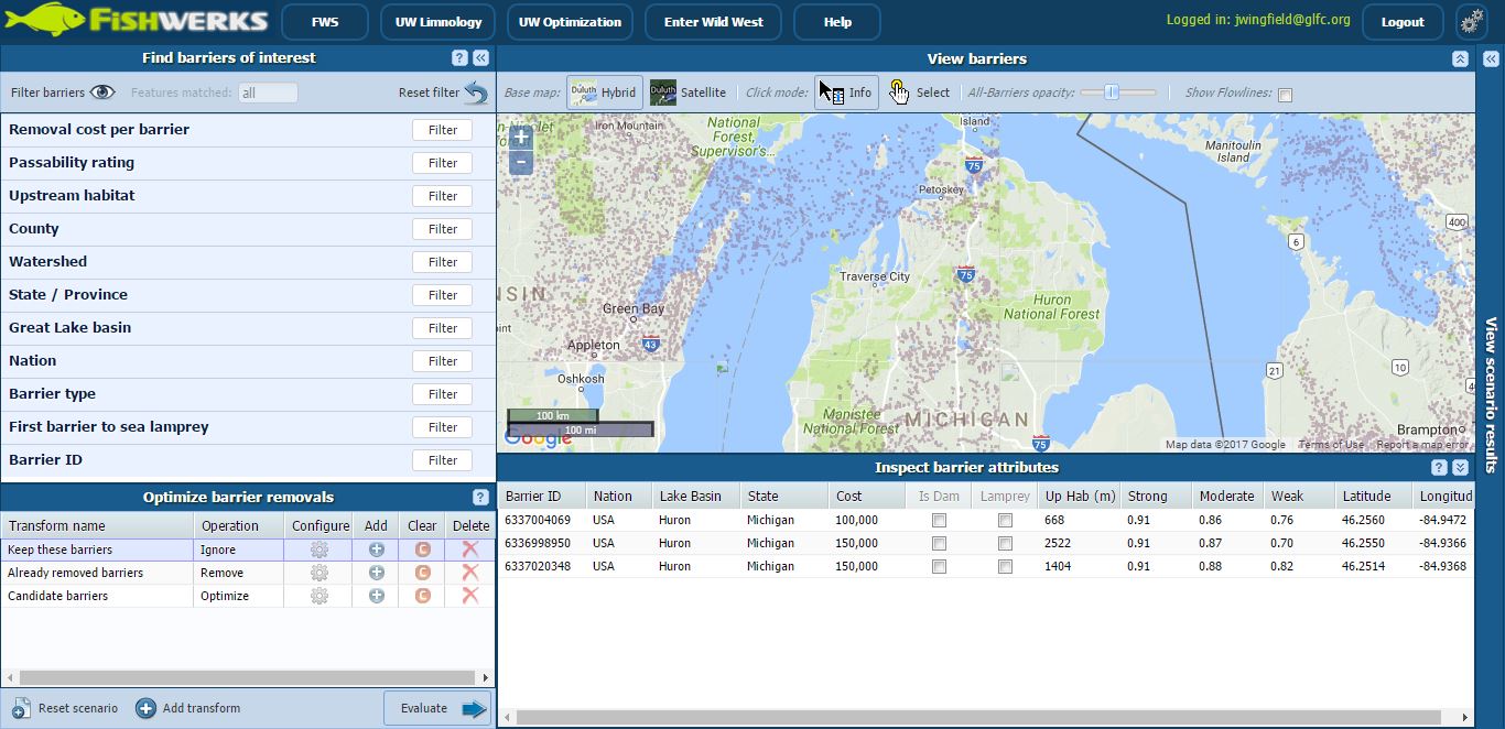 Screenshot of Fishwerks tool. Shows a map and various data tables.